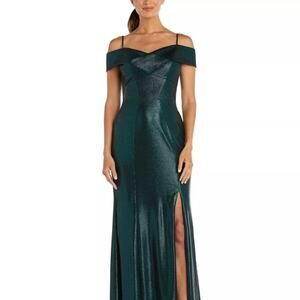NIGHTWAY Off-The-Shoulder Metallic Gown dress side sexy slit Emerald 8
